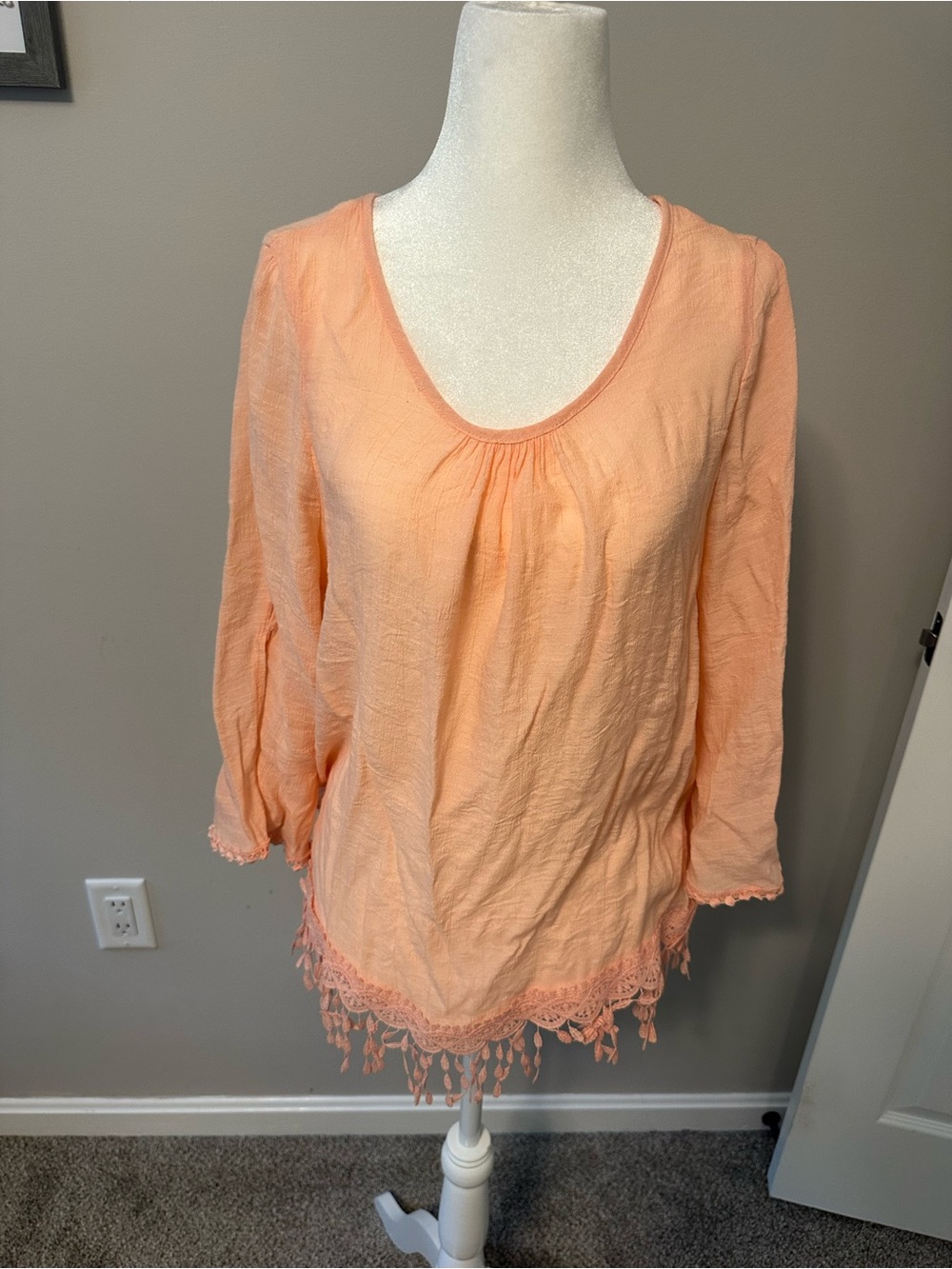 Unique Spectrum Peach Crochet-Hem Scoop Neck Tunic